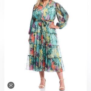 Alex Marie Tori Floral Printed V-Neckline Long Sleeve tie waisted Tiered Dress